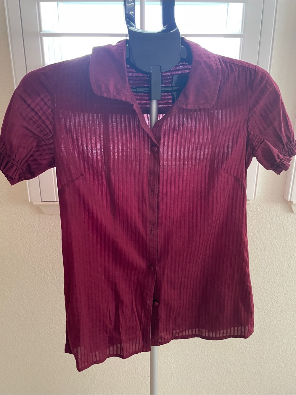 Banana Republic Sheer Burgundy Short-Sleeve Button Blouse
